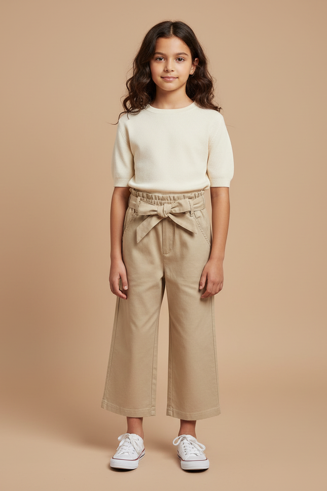 Pantalon Chino Large Beige Coton Fille Ceinture
