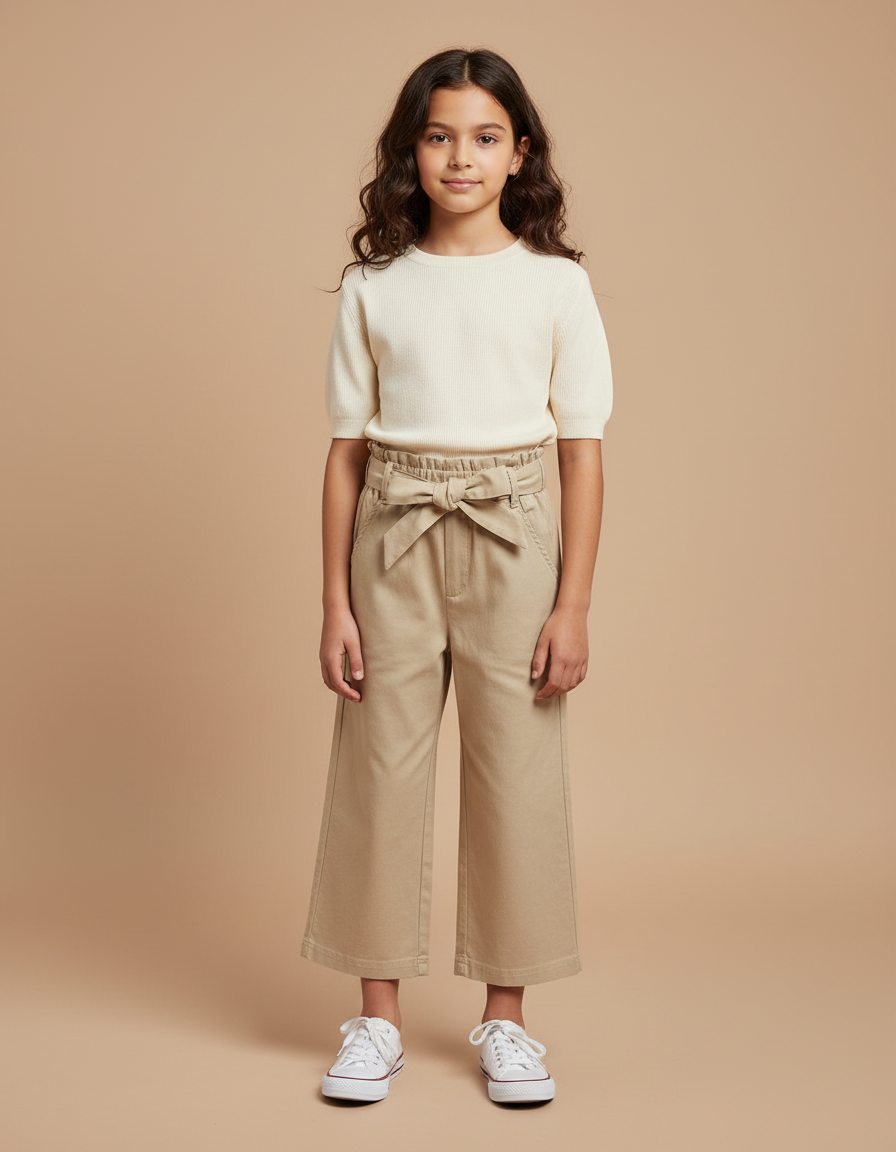 Pantalon Chino Large Beige Coton Fille Ceinture