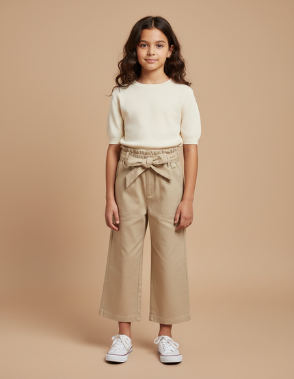 Pantalon Chino Large Beige Coton Fille Ceinture