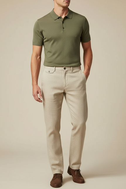 Pantalon Chino Beige Lin Droit Respirant Homme