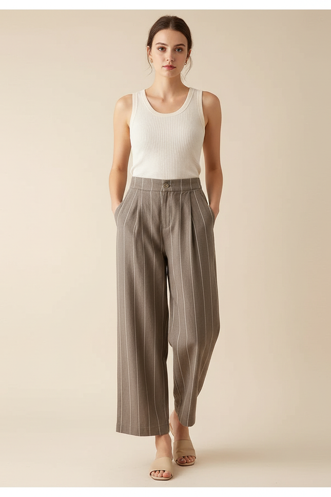 Pantalon Chino Marron Rayé Ample Fluide Femme - Laine