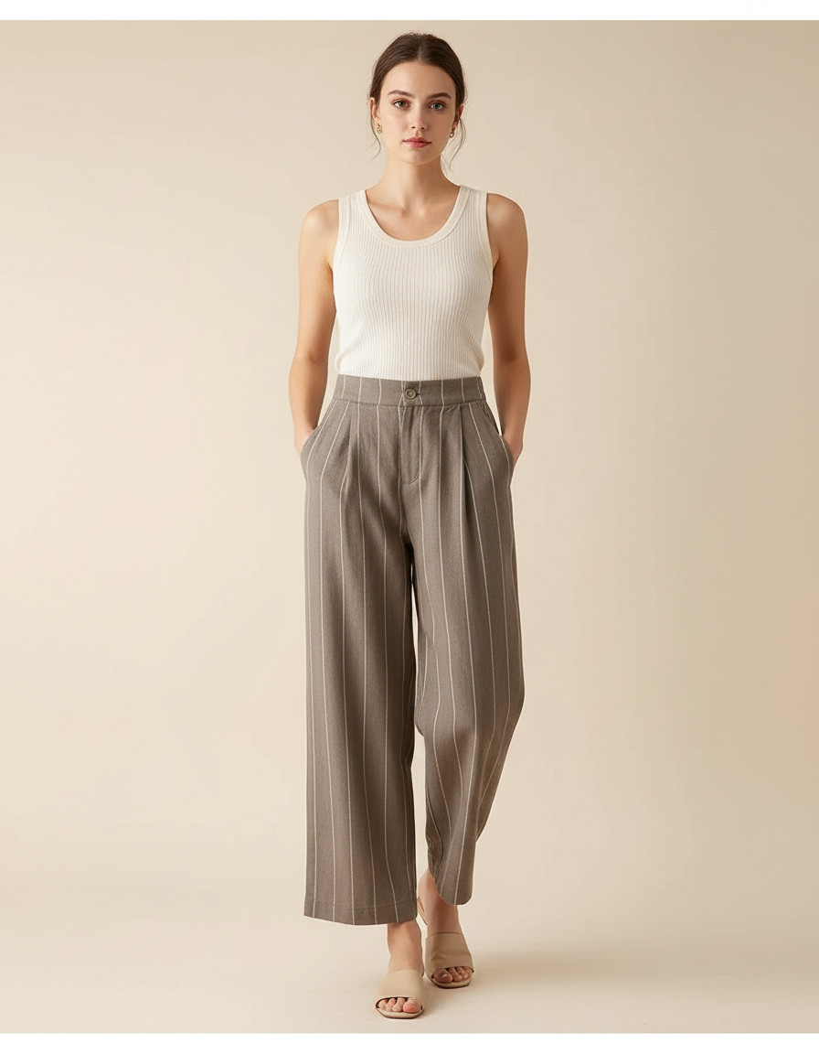 Pantalon Chino Marron Rayé Ample Fluide Femme - Laine