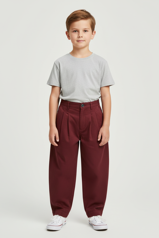 Pantalon Chino Bordeaux Ample Plissé Coton Garçon