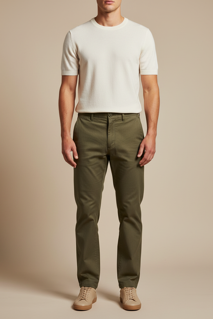 Pantalon Chino Vert Olive Coton Décontracté Homme - Kaki