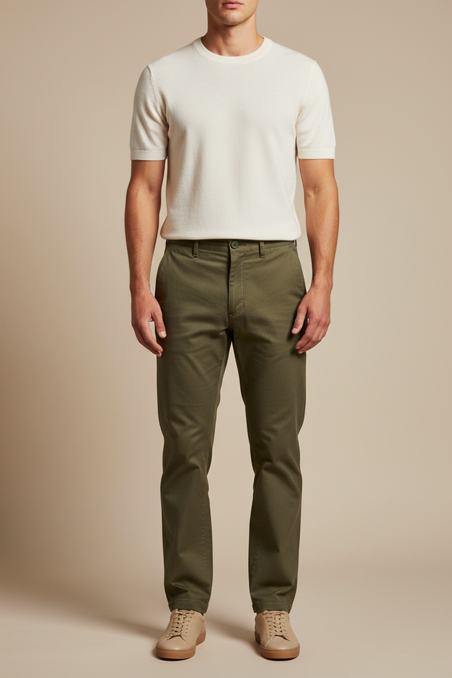 Pantalon Chino Vert Olive Coton Décontracté Homme - Kaki