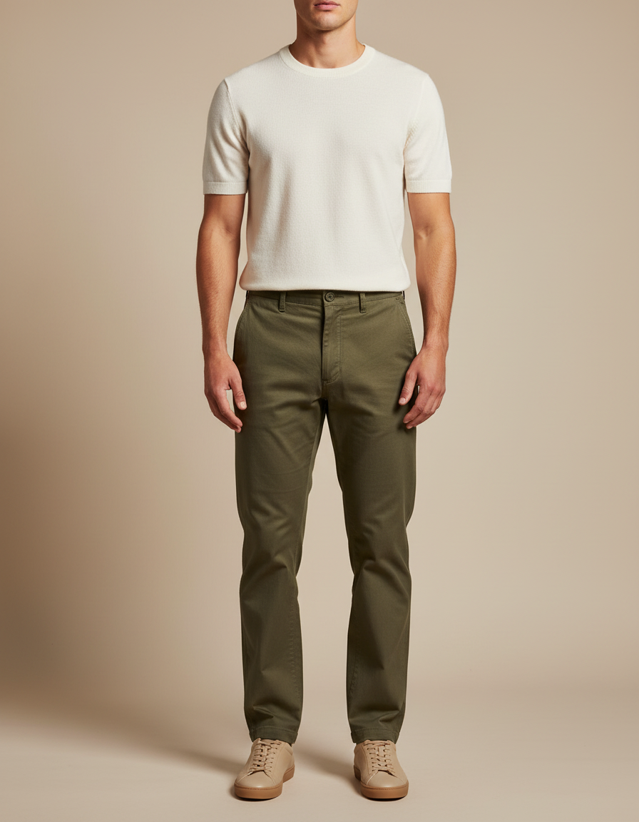 Pantalon Chino Vert Olive Coton Décontracté Homme - Kaki