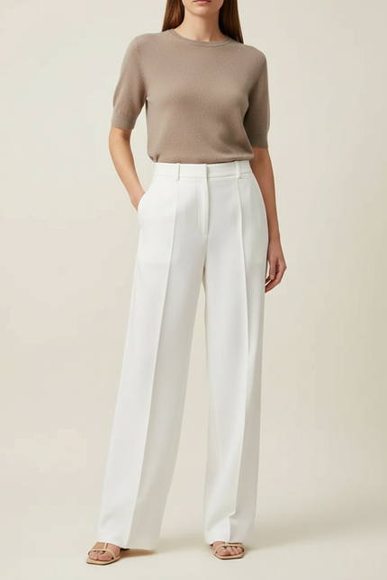 Pantalon Chino Blanc Ample Plissé Élégant Femme - Gabardine