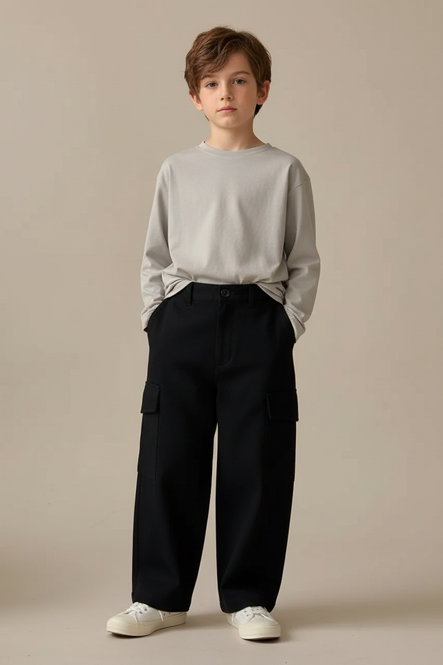 Pantalon Chino Noir Ample Cargo Enfant Décontracté - Gabardine