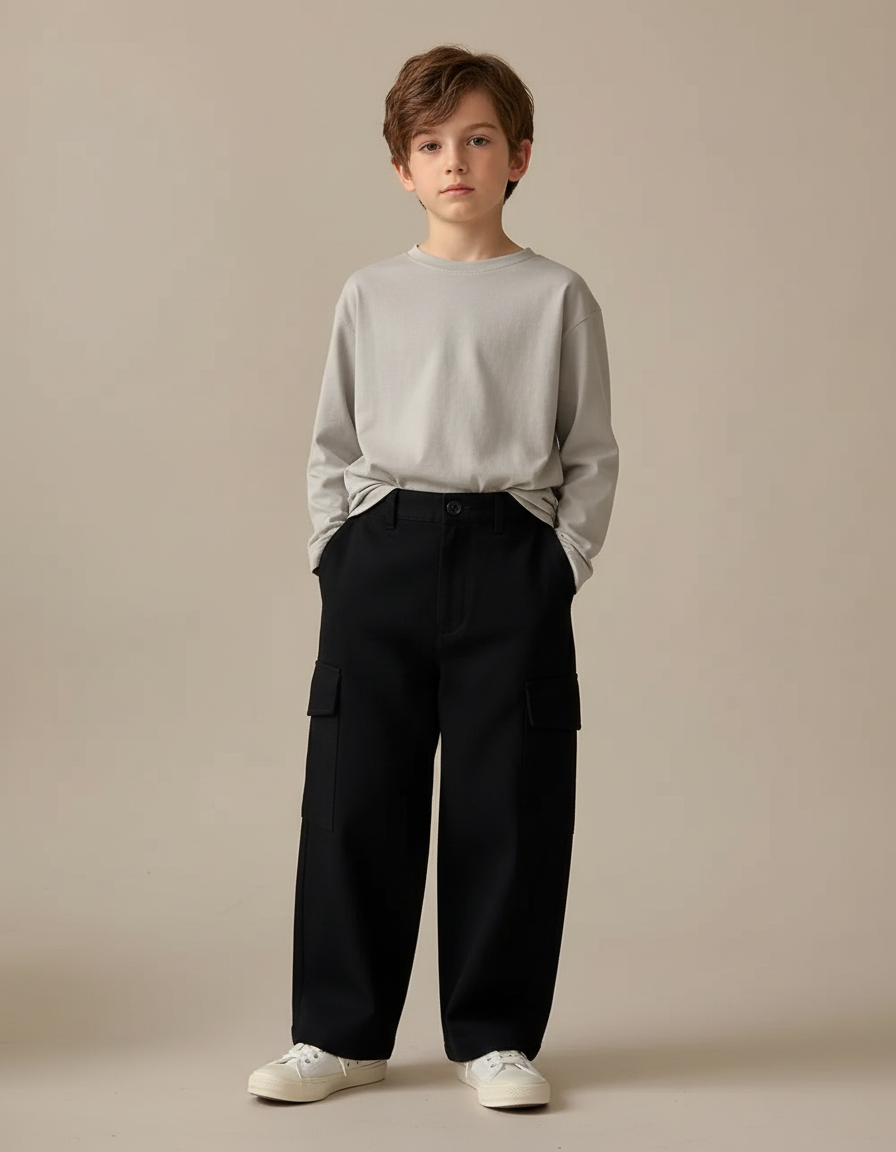 Pantalon Chino Noir Ample Cargo Enfant Décontracté - Gabardine