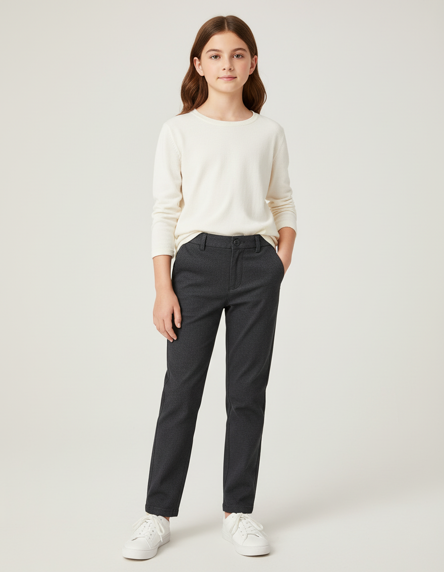 Pantalon Chino Gris Fille Coupe Droite Décontracté - Coton