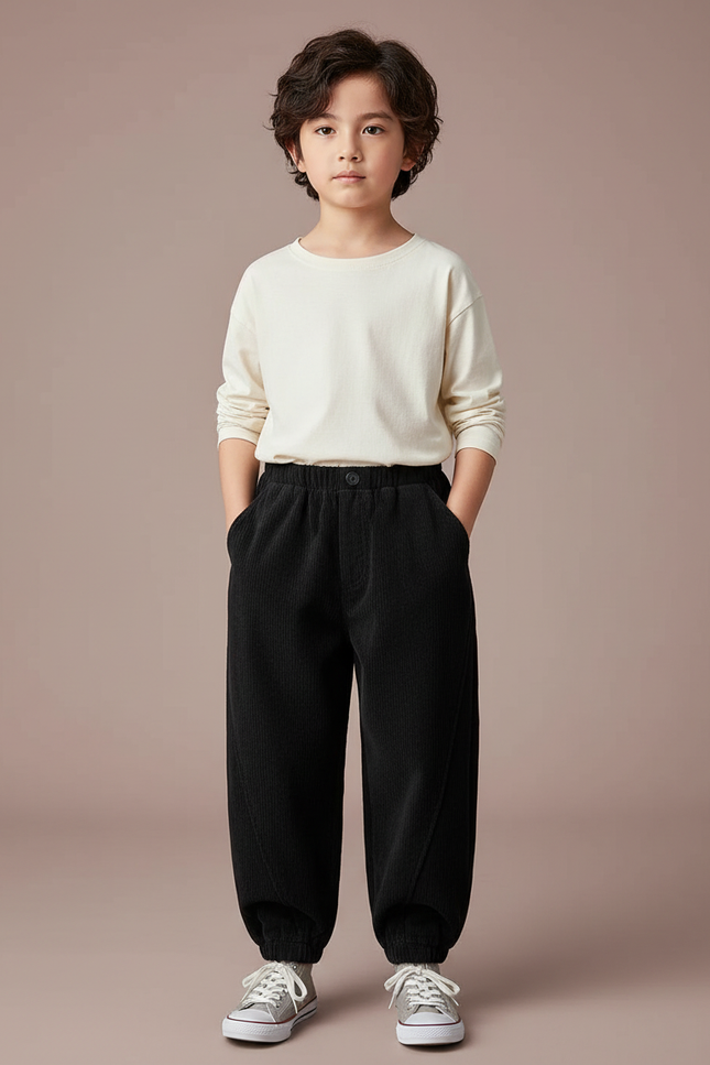 Pantalon Chino Noir Côtelé Ample Décontracté Garçon - Cordé