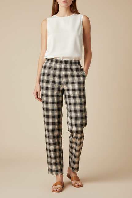 Pantalon Chino Carreaux Noir Beige Ample Confortable - Imprimé Laine