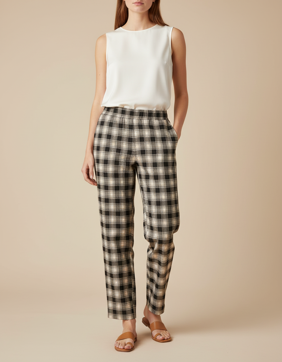 Pantalon Chino Carreaux Noir Beige Ample Confortable - Imprimé Laine