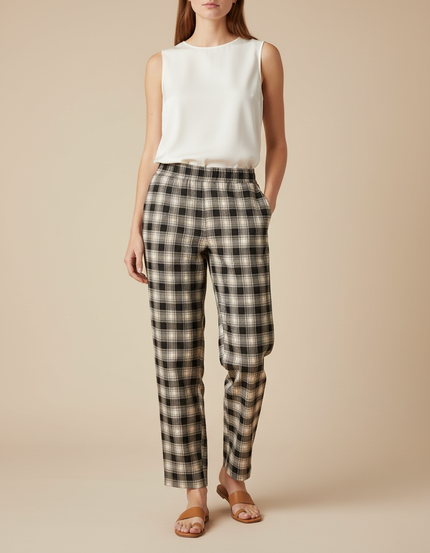 Pantalon Chino Carreaux Noir Beige Ample Confortable - Imprimé Laine