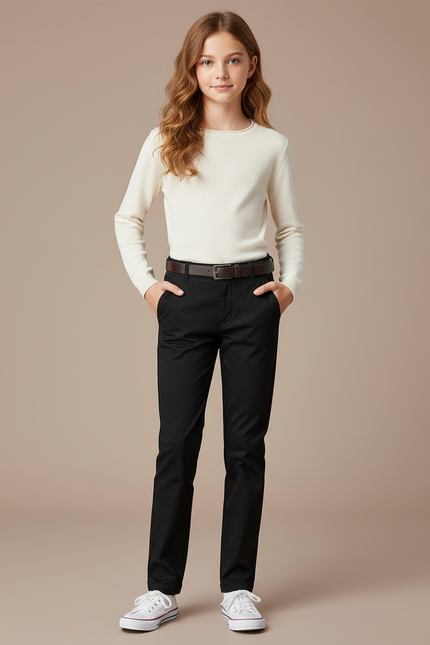 Pantalon Chino Noir Coton Coupe Droite Fille - Gabardine