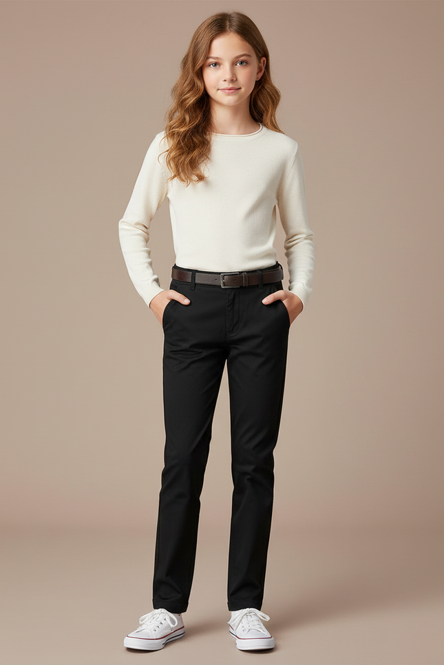 Pantalon Chino Noir Coton Coupe Droite Fille - Gabardine