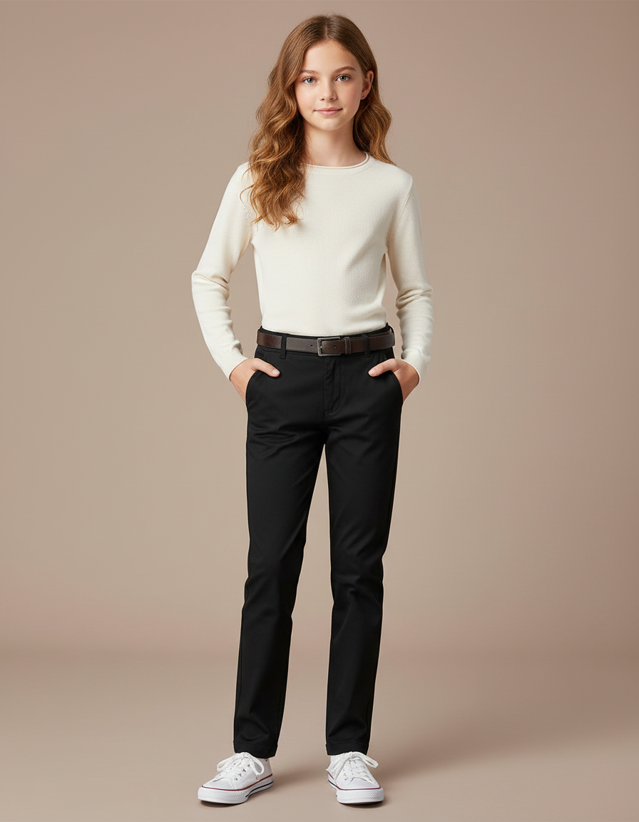 Pantalon Chino Noir Coton Coupe Droite Fille - Gabardine