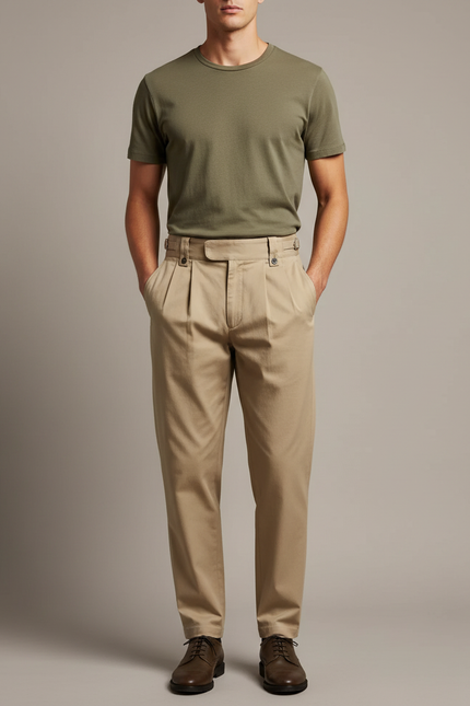 Pantalon Chino Beige Plissé Style Gurkha Homme Rétro - Gabardine