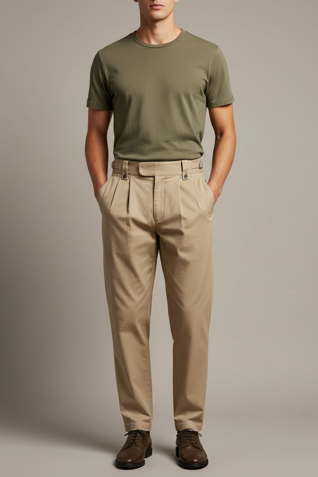 Pantalon Chino Beige Plissé Style Gurkha Homme Rétro - Gabardine