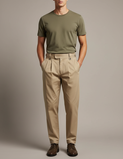Pantalon Chino Beige Plissé Style Gurkha Homme Rétro - Gabardine