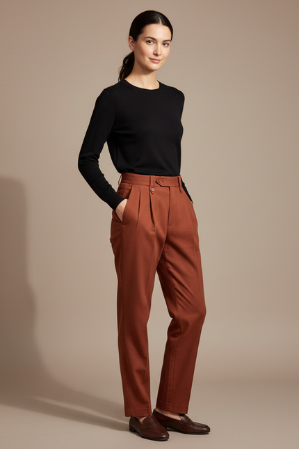 Pantalon Chino Marron Plissé Ample Femme Élégant - Laine