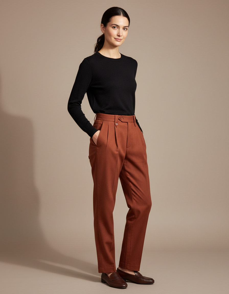 Pantalon Chino Marron Plissé Ample Femme Élégant - Laine