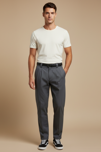 Pantalon Chino Homme Gris Plissé Élégant Décontracté - Gabardine