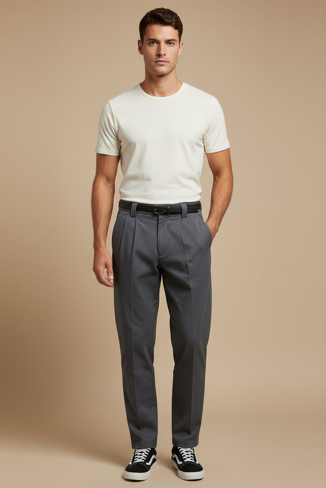 Pantalon Chino Homme Gris Plissé Élégant Décontracté - Gabardine
