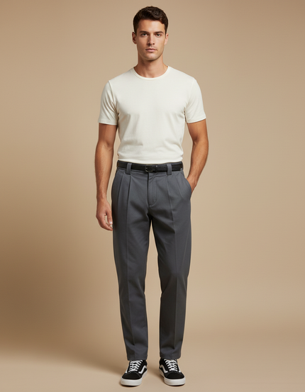 Pantalon Chino Homme Gris Plissé Élégant Décontracté - Gabardine