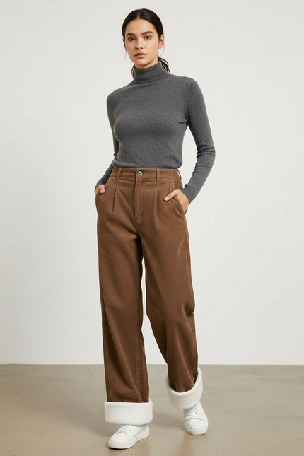 Pantalon Chino Marron Ample Côtelé Doublé Polaire Femme - Cordé