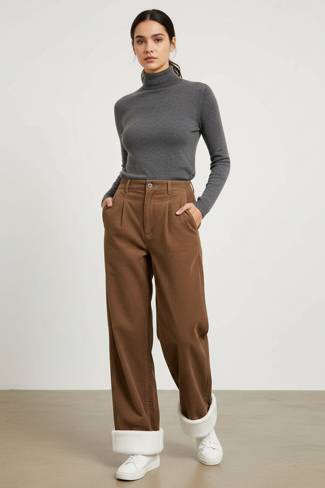 Pantalon Chino Marron Ample Côtelé Doublé Polaire Femme - Cordé