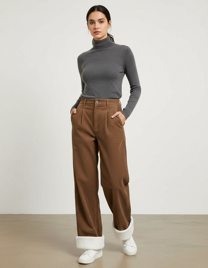 Pantalon Chino Marron Ample Côtelé Doublé Polaire Femme - Cordé