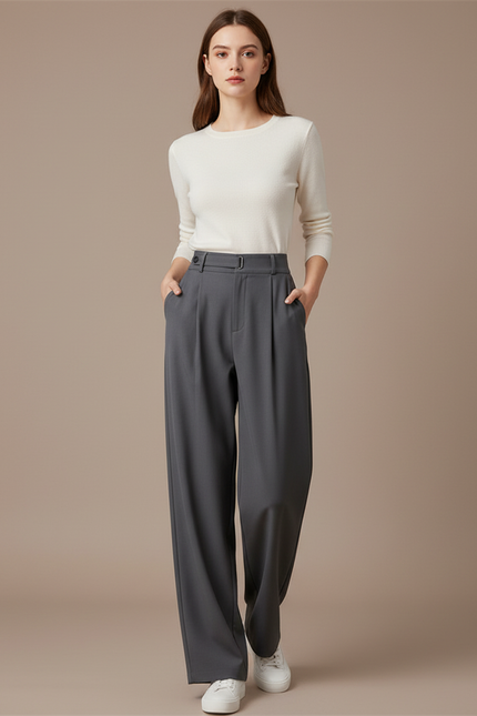 Pantalon Chino Gris Ample Plissé Taille Haute Élégant - Gabardine
