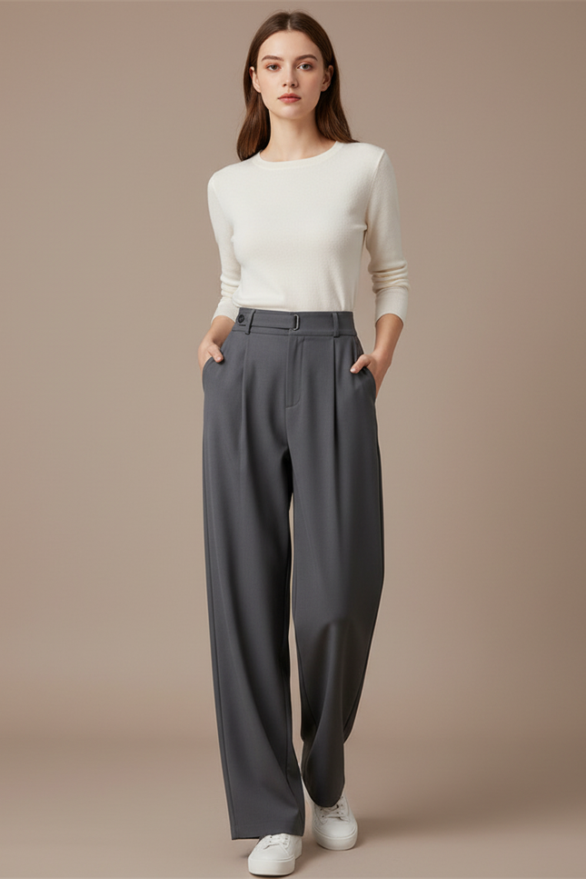 Pantalon Chino Gris Ample Plissé Taille Haute Élégant - Gabardine
