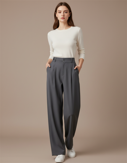 Pantalon Chino Gris Ample Plissé Taille Haute Élégant - Gabardine