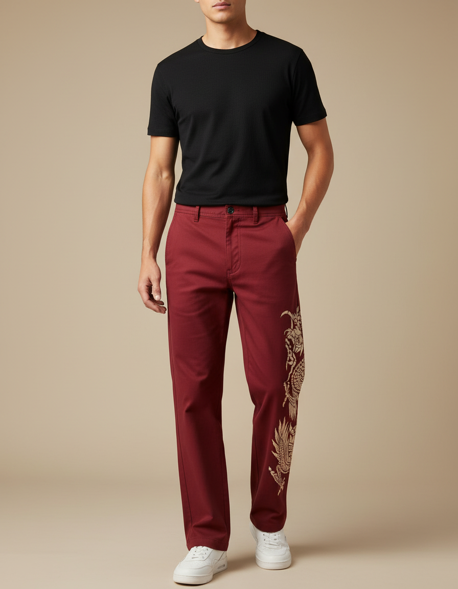 Pantalon Chino Homme Motif - Bordeaux Coton