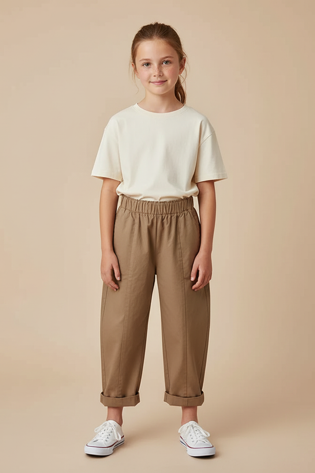 Pantalon Chino Marron Ample Coton Élastique Enfant