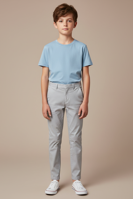 Pantalon Chino Gris Clair Coupe Droite Confortable Enfant - Gabardine
