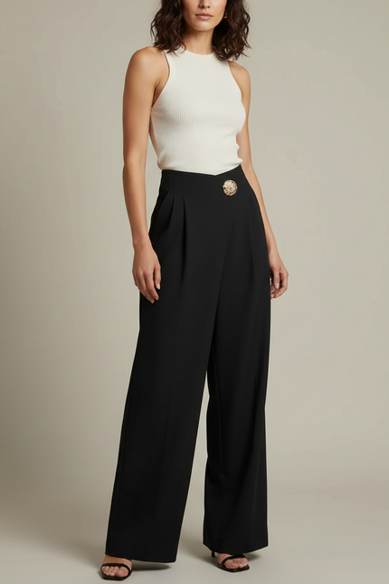 Pantalon Chino Noir Ample Fluide Élégant Femme - Polyester