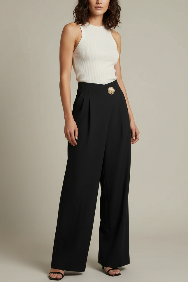 Pantalon Chino Noir Ample Fluide Élégant Femme - Polyester