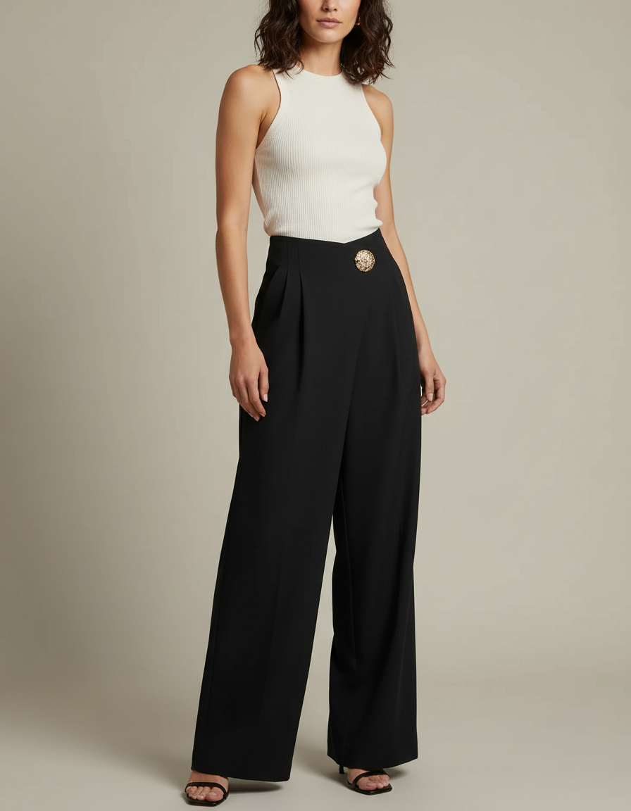 Pantalon Chino Noir Ample Fluide Élégant Femme - Polyester