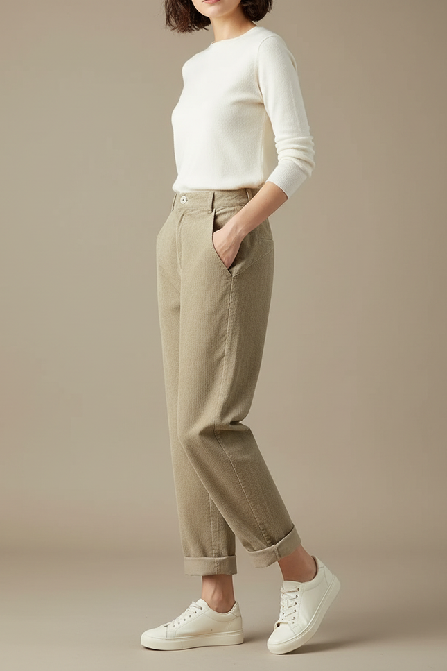 Pantalon Chino Beige Côtelé Droit Décontracté Femme - Cordé