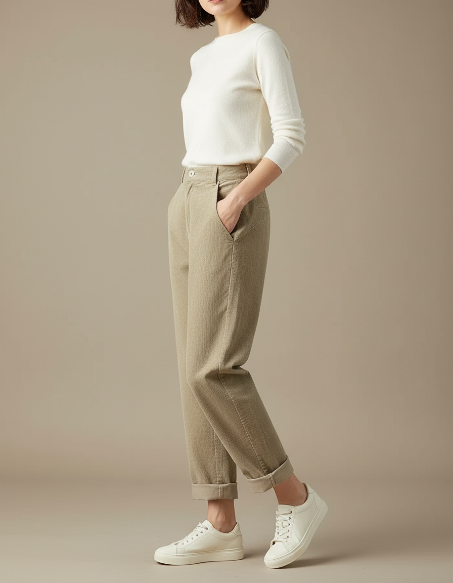 Pantalon Chino Beige Côtelé Droit Décontracté Femme - Cordé