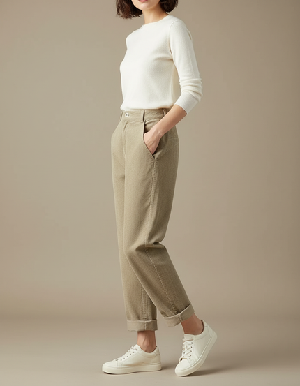 Pantalon Chino Beige Côtelé Droit Décontracté Femme - Cordé
