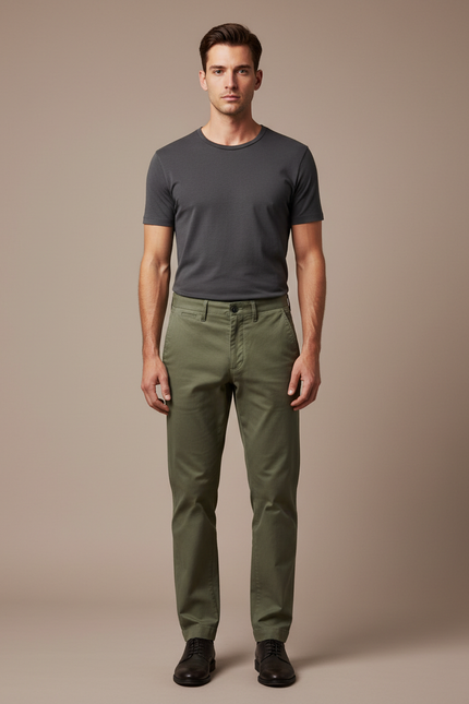 Pantalon Chino Vert Olive Coton Tapered Décontracté Homme - Kaki Gabardine