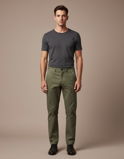 Pantalon Chino Vert Olive Coton Tapered Décontracté Homme - Kaki Gabardine