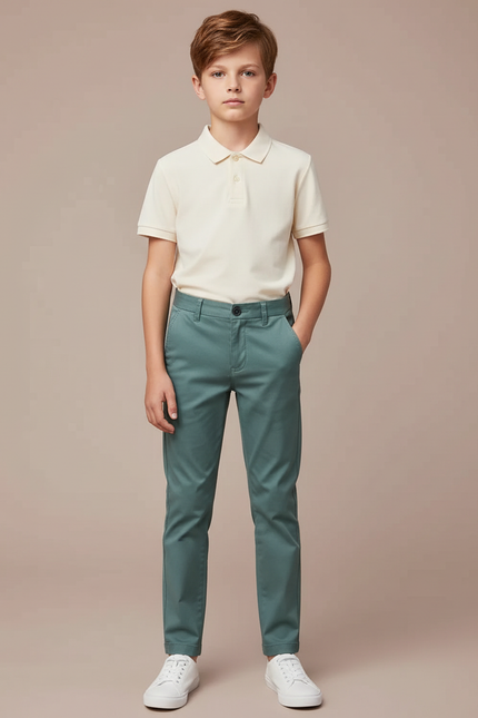 Pantalon Chino Vert Coton Slim Garçon Décontracté