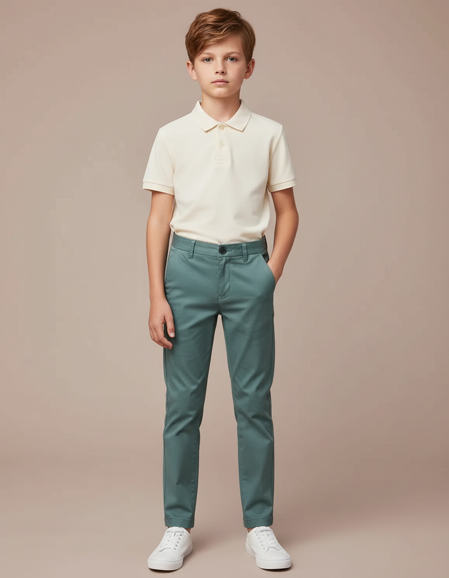 Pantalon Chino Vert Coton Slim Garçon Décontracté