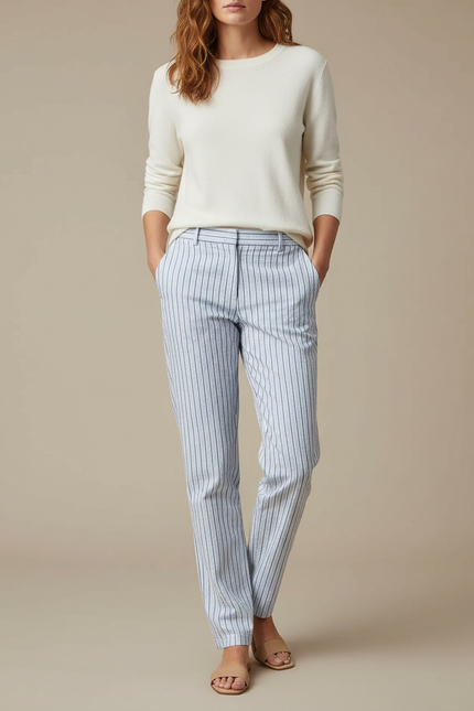 Pantalon Chino Rayé Bleu Clair Droit Décontracté - Coton