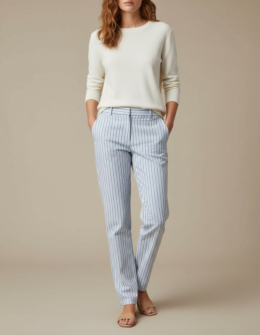 Pantalon Chino Rayé Bleu Clair Droit Décontracté - Coton